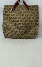 Load image into Gallery viewer, Michael Kors Womens Brown Red Monogram Leather Trim Buckle Jet Set Tote Bag