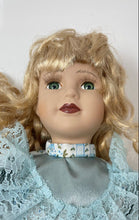Load image into Gallery viewer, Blonde Curly Hair Green Eyes Vintage Style Rachel Porcelain Doll In Blue Outfit
