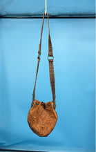 Load image into Gallery viewer, Plush Womens Brown Leather Drawstring Snap Crossbody Purse With Design