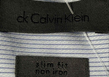 Load image into Gallery viewer, Calvin Klein Mens Blue Striped Long Sleeve Collared Slim-Fit Dress Shirt Size 16