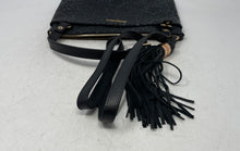 Load image into Gallery viewer, Tommy Bahama Womens Black Dark Blue Floral Engraved Leather Tassel Crossbody Bag