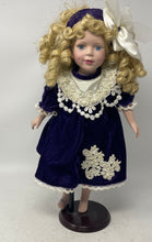 Load image into Gallery viewer, Vintage Collectible Blonde Curly Hair Porcelain Doll In Victorian Dress w/ Stand
