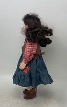 Load image into Gallery viewer, Black Curly Hair Blue Eyes Cowgirl Porcelain Doll In Multicolor Dress With Stand