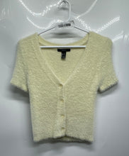 Load image into Gallery viewer, Forever 21 Womens White Fuzzy Short Sleeve V-Neck Button Cropped Blouse Size S