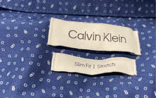 Load image into Gallery viewer, Calvin Klein Mens Blue White Printed Long Sleeve Stretch Dress Shirt Size M 15.5