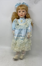 Load image into Gallery viewer, Vintage 40305 Blue Dress Lace Trim Curly Blonde Hair Collectible Porcelain Doll