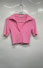 Load image into Gallery viewer, Fashion Nova Womens Pink Short Sleeve Collared Cropped Blouse Top Size Small