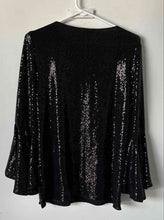 Load image into Gallery viewer, Vince Camuto Womens Black Sequin Long Bell Sleeve Pullover Blouse Top Size M