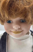 Load image into Gallery viewer, Boy Brown Hair Blue Eyes Sitting On Knees Porcelain Doll With Outfit