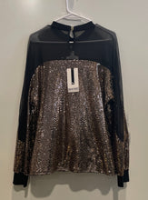 Load image into Gallery viewer, Nine West Womens Black Gold Sequin Sheer Long Sleeve Blouse Top Size L With Tag