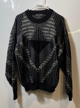 Load image into Gallery viewer, Saxony Mens Black Geometric Knit Genuine Leather On Front Pullover Sweater Sz M
