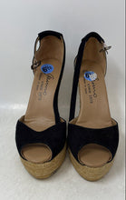 Load image into Gallery viewer, Gaimo Womens Black Peep Toe Buckle Ankle Strap Wedge Espadrille Sandals Size 6.5