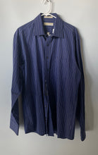 Load image into Gallery viewer, Michael Kors Mens Blue Striped Cotton Collared Dress Shirt Size 17 36/37
