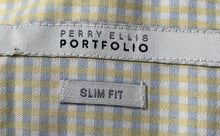 Load image into Gallery viewer, Perry Ellis Mens Yellow Gingham Print Slim Fit Long Sleeve Dress Shirt Size S