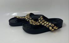 Load image into Gallery viewer, Suecomma Bonnie Womens Black & Gold Leather Studded Slip-On Thong Sandals Size 6