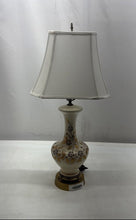Load image into Gallery viewer, White Floral Pattern Table Light Brass Base Corded Electric Porcelain Lamp