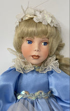 Load image into Gallery viewer, Blue Dress Blonde Hair White Floral Headband Open Eyes Fashion Porcelain Doll