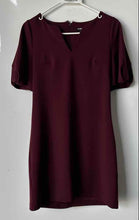 Load image into Gallery viewer, Express Womens Burgundy Puff Sleeve Split Neck Back Zip Sheath Dress Size XS