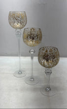 Load image into Gallery viewer, Set Of 3 Pcs Crackle Gold Glass Mercury Finished Long Stem Candle Holder