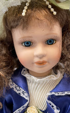 Load image into Gallery viewer, Franklin Heirloom Brown Hair Blue Eyes Porcelain Doll In Blue Dress In Open Box
