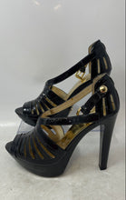 Load image into Gallery viewer, Michael Kors Womens Joslin Black Gold Patent Leather Platform Sandals Size 7M