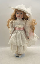 Load image into Gallery viewer, Victorian Porcelain Collectible Doll With White Dress & Hat In Display Case