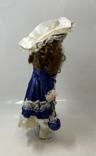 Load image into Gallery viewer, Franklin Heirloom Brown Hair Blue Eyes Porcelain Doll In Blue Dress In Open Box