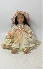 Load image into Gallery viewer, Brown Hair And Eyes Vintage Style Porcelain Doll With Cream Dress Hat & Purse