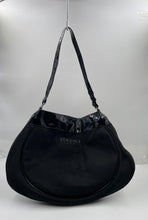 Load image into Gallery viewer, Versace Parfums Womens Black Patent Leather Trim Shoulder Hobo Purse Damaged