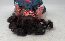 Load image into Gallery viewer, Black Curly Hair Blue Eyes Cowgirl Porcelain Doll In Multicolor Dress With Stand