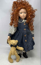 Load image into Gallery viewer, Seymour Mann Curly Red Hair Green Eyes Porcelain Doll Holding Teddy Bear