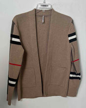 Load image into Gallery viewer, Fashion Mens Dark Khaki Contrast Stripe Sleeves Open Front Cardigan Sweater Sz L