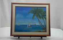 Load image into Gallery viewer, Wall Hanging Palm Trees Ocean Sailboats Blue Art Painting Signed Fran Melia