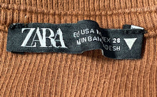 Load image into Gallery viewer, Zara Womens Brown Ruched Crew Neck Ribbed Short Sleeve Mini Dress Size Medium