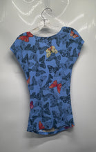 Load image into Gallery viewer, New York & Company Womens Blue Butterfly Stretch Short Sleeve Blouse Top Size XS