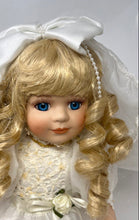 Load image into Gallery viewer, Blonde Hair Blue Eyes Collectible Porcelain Bride Doll In White Dress