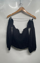 Load image into Gallery viewer, MNG Womens Black Shimmer Off The Shoulder Smocked Pullover Blouse Top Size M