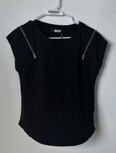 Load image into Gallery viewer, DKNY Womens Black Crew Neck Short Sleeve Zip Shoulder Pullover T-Shirt Size S