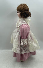Load image into Gallery viewer, Brown Curly Hair Victorian Style Porcelain Doll In Pink White Maxi Dress