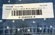 Load image into Gallery viewer, Express Womens Blue White Denim Hearts Print Long Sleeve Button-Up Shirt Size S