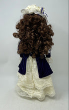 Load image into Gallery viewer, Vintage Collectible Brown Curly Hair Porcelain Doll In Victorian Dress w/ Stand