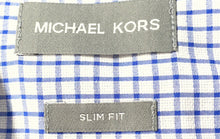 Load image into Gallery viewer, Michael Kors Mens Blue White Gingham Cotton Slim Fit Dress Shirt Size 17-17.5