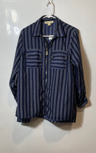 Load image into Gallery viewer, Michael Kors Womens Blue White Striped Long Sleeve Full-Zip Blouse Top Size L