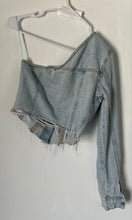 Load image into Gallery viewer, Zara Womens Blue Cotton One Shoulder Asymmetric Pockets Cropped Blouse Top Sz S