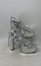 Load image into Gallery viewer, Michael Kors Womens Paola Silver Snakeskin Embossed High Platform Heels Size 8 M