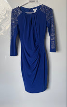 Load image into Gallery viewer, Cache Womens Royal Blue Beaded Sleeve Ruched Back Zip Bodycon Dress Size 0