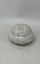 Load image into Gallery viewer, White Floral Engraved Porcelain Vanity Collectible Round Trinket Box With Lid