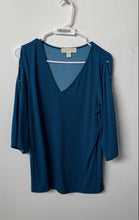 Load image into Gallery viewer, Michael Kors Womens Blue Geometric Cold Shoulder Sleeve V-Neck Blouse Top Size M
