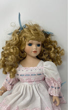 Load image into Gallery viewer, Blonde Curly Hair Blue Eyes Collectible Porcelain Doll With White Dress