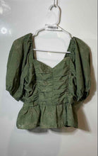Load image into Gallery viewer, Express Womens Green Striped Short Puff Sleeve Peplum Cropped Blouse Top Size M